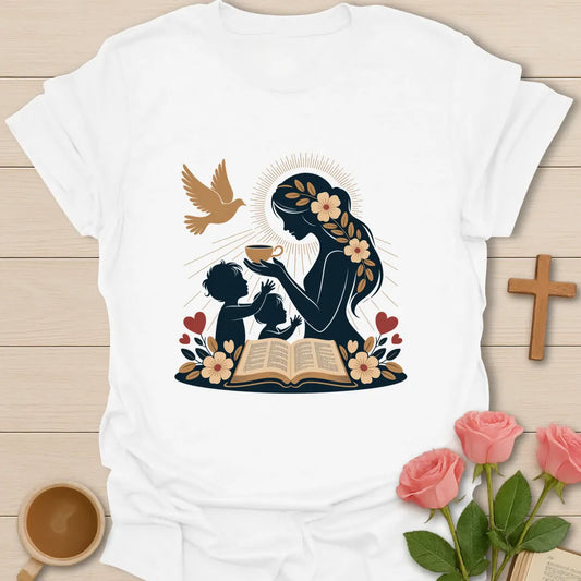 Mom My God Is Good shirt with teacup, florals, and cream vintage lettering. - White