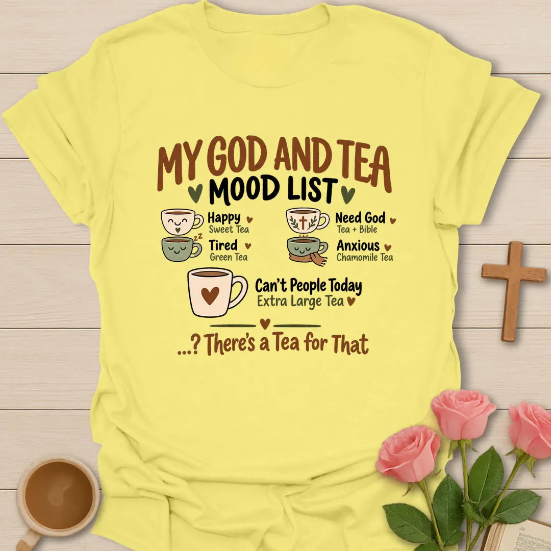 Mood List funny Christian t-shirt with playful list-style lettering - Cornsilk