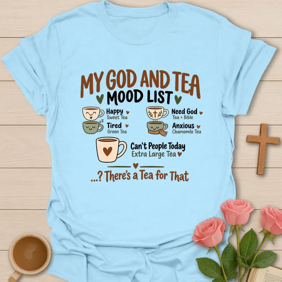 Mood List funny Christian t-shirt with playful list-style lettering - Light Blue