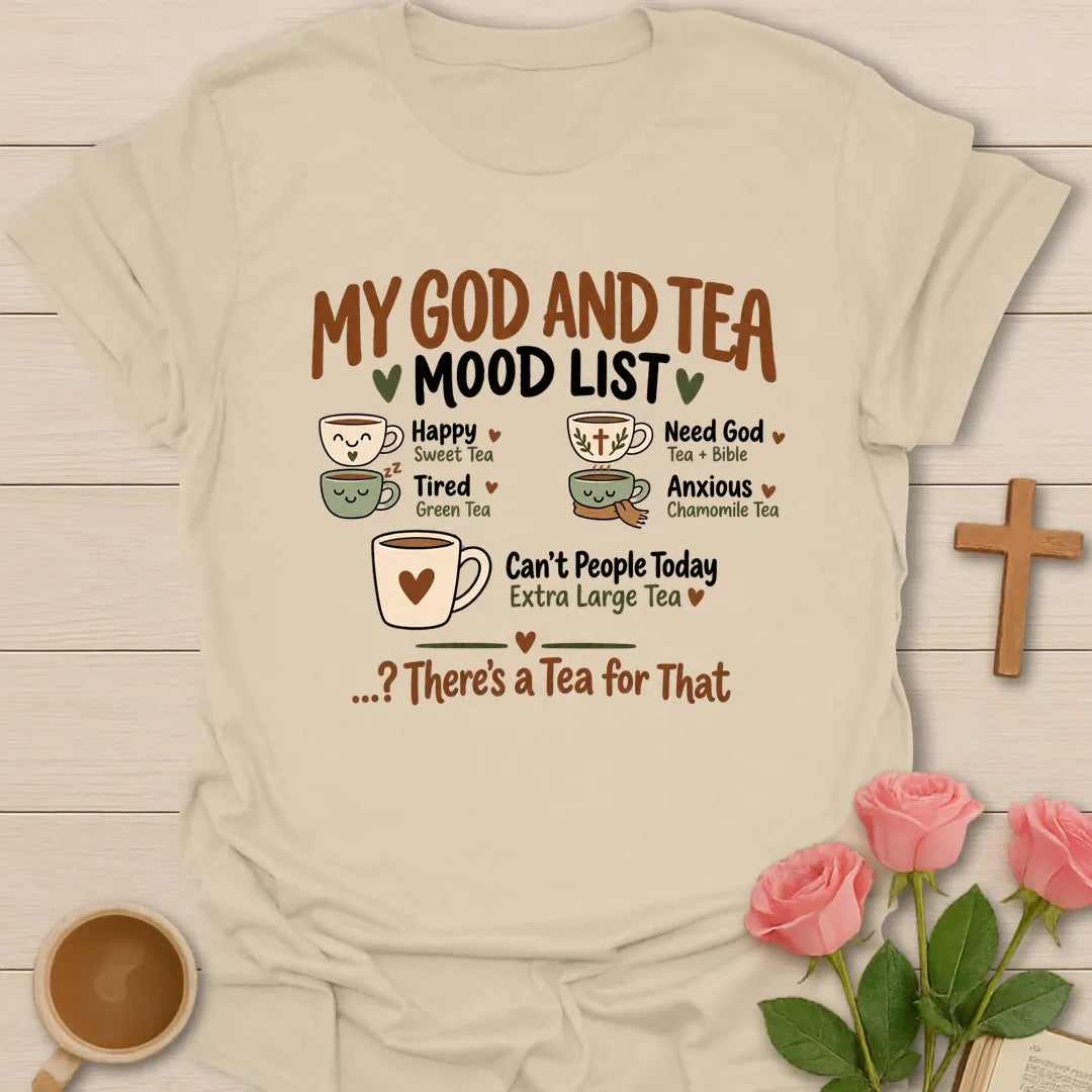 Mood List funny Christian t-shirt with playful list-style lettering - Sand