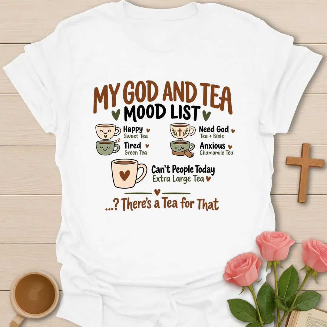 Mood List funny Christian t-shirt with playful list-style lettering - White