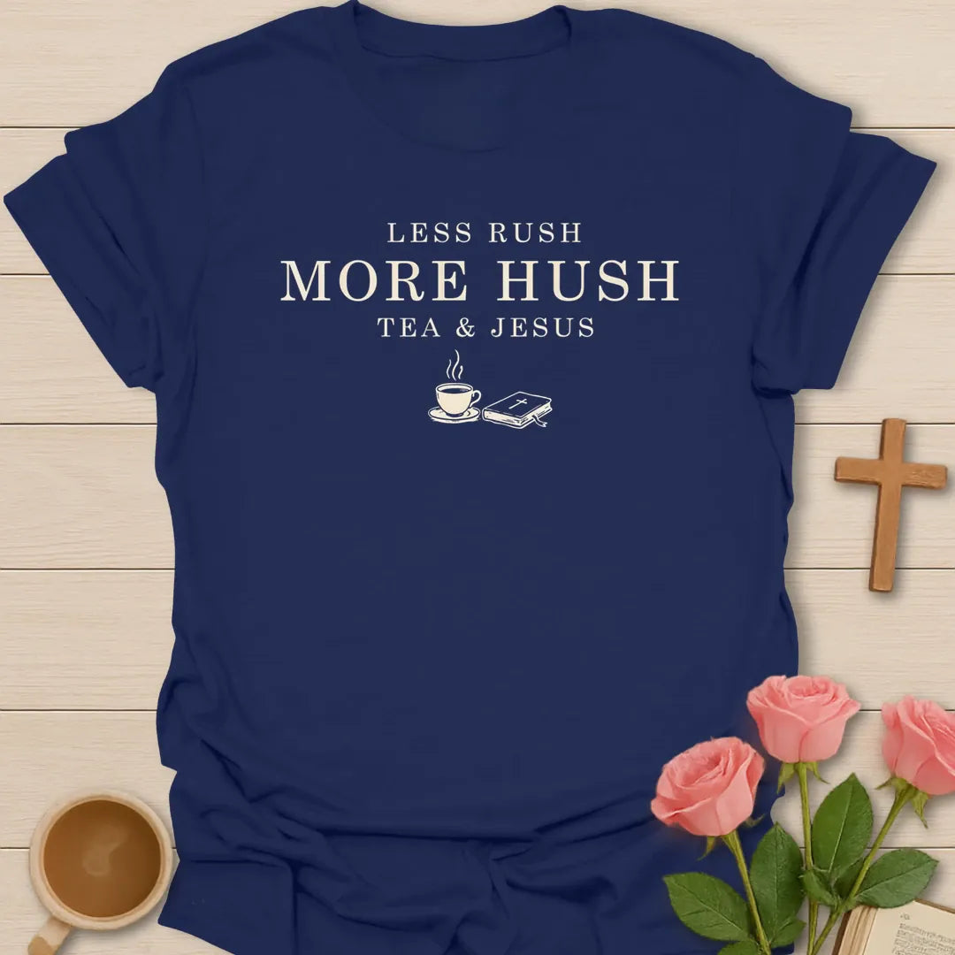 Less Hustle More Hush shirt with cross and cream vintage lettering. - Navy