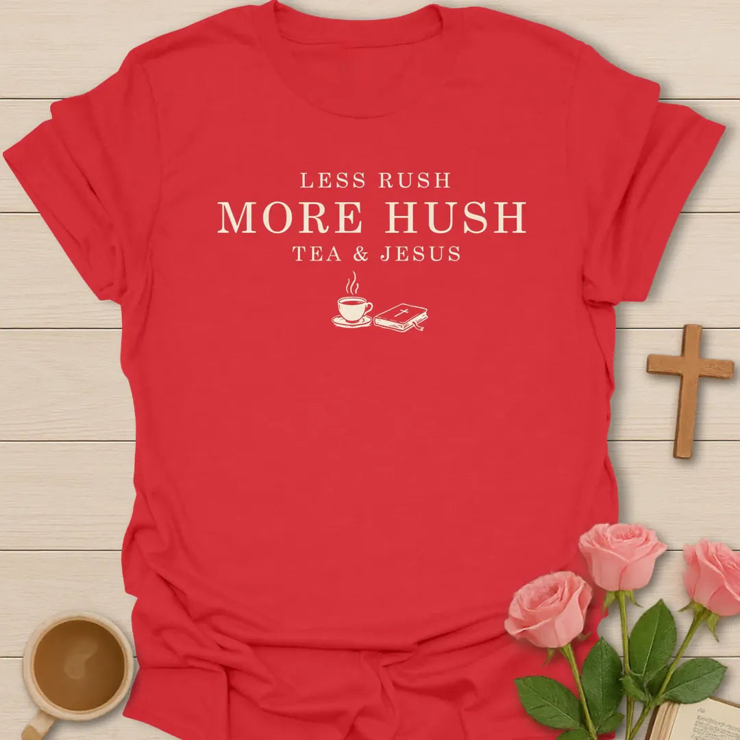 Less Hustle More Hush shirt with cross and cream vintage lettering. - Red