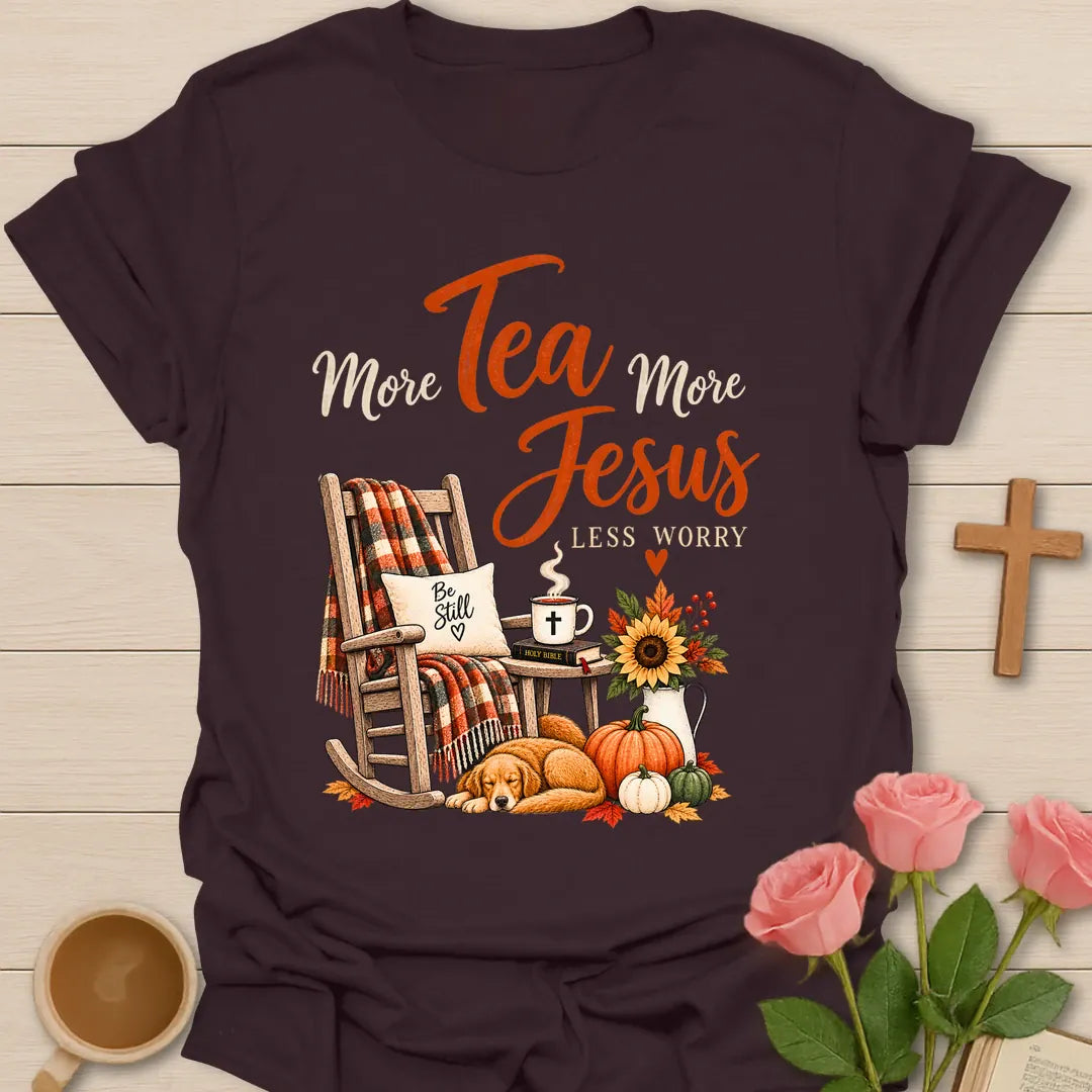 More Tea More Jesus shirt with cozy lettering and a faith-inspired fall design. - Dark Chocolate
