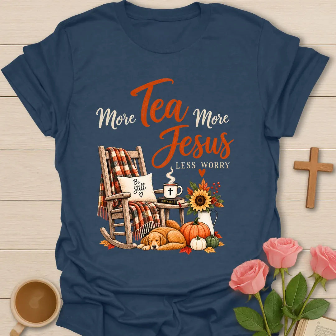 More Tea More Jesus shirt with cozy lettering and a faith-inspired fall design. - Heather Navy