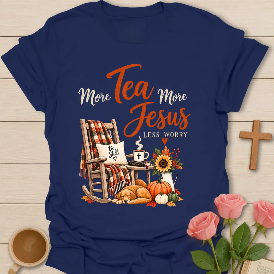 More Tea More Jesus shirt with cozy lettering and a faith-inspired fall design. - Navy