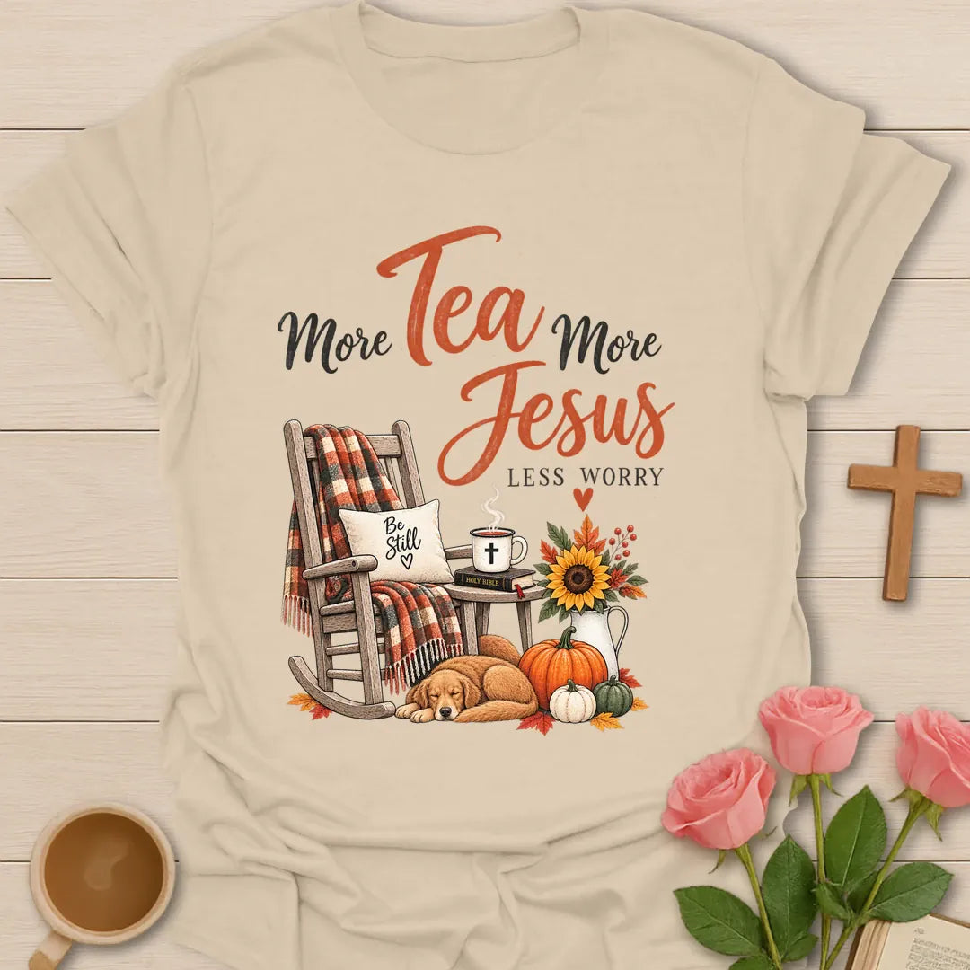 More Tea More Jesus shirt with cozy lettering and a faith-inspired fall design. - Sand