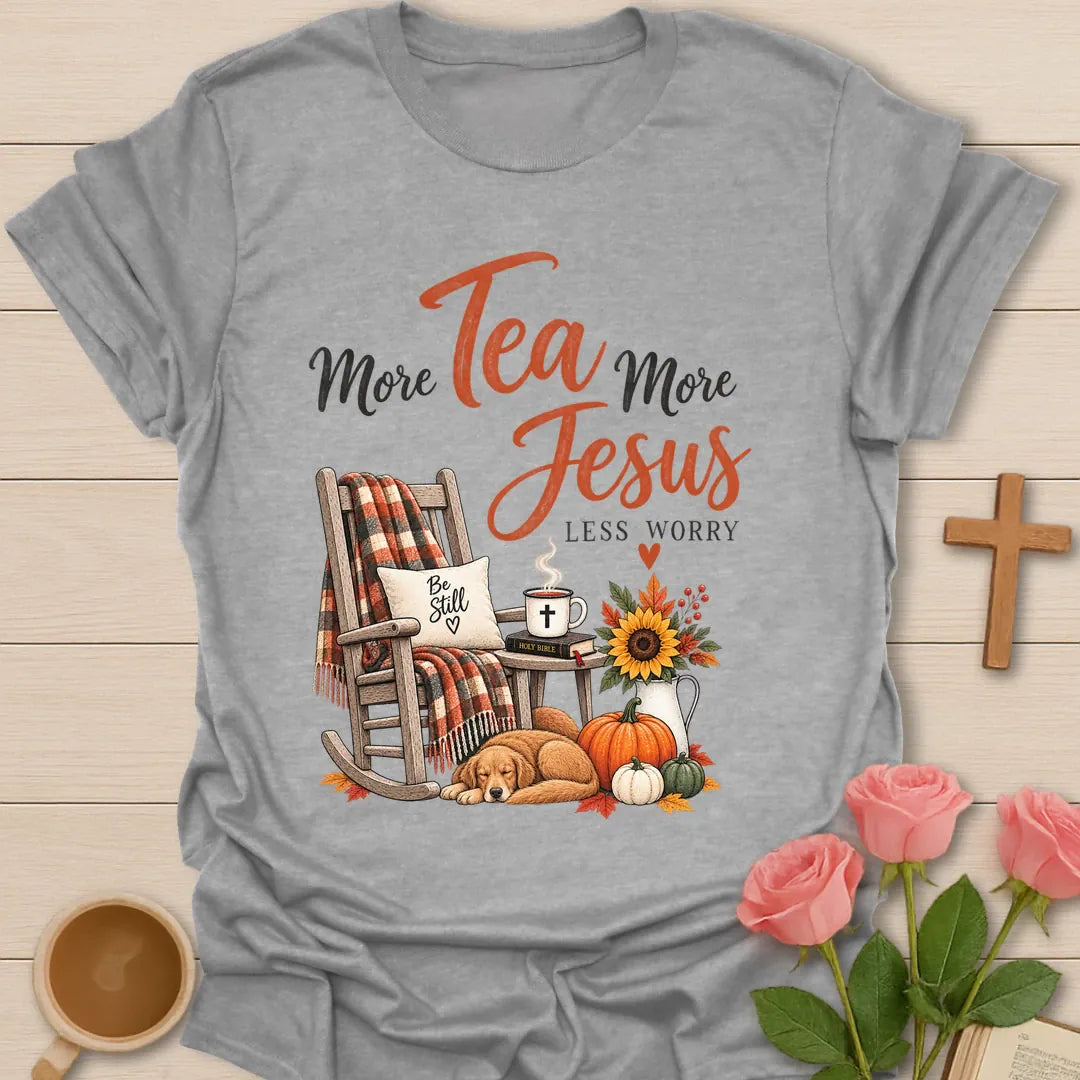 More Tea More Jesus shirt with cozy lettering and a faith-inspired fall design. - Sport Grey