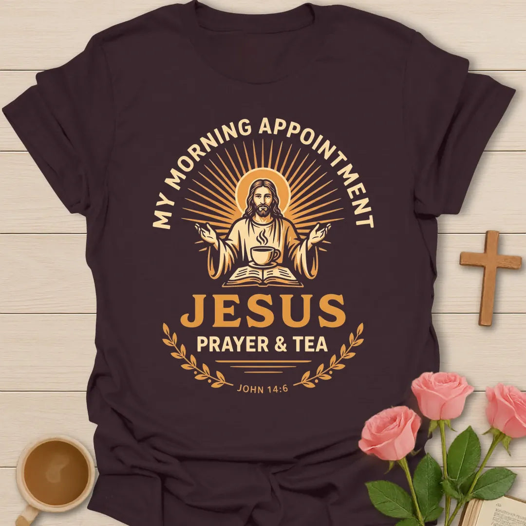 My Morning Appointment Jesus Prayer & Tea vintage Christian shirt with Jesus, teacup, open Bible and John 14:6 - Dark Chocolate