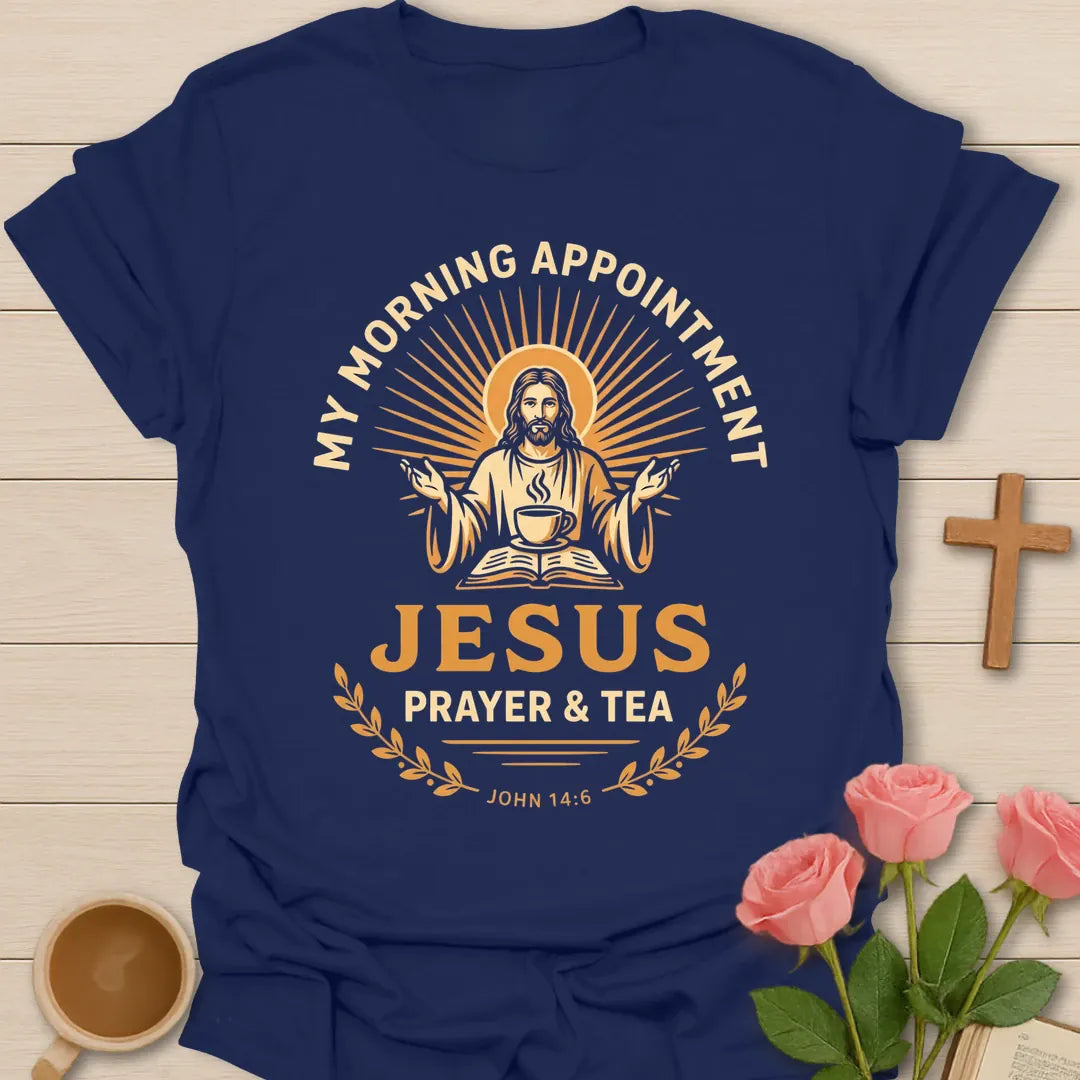 My Morning Appointment Jesus Prayer & Tea vintage Christian shirt with Jesus, teacup, open Bible and John 14:6 - Navy