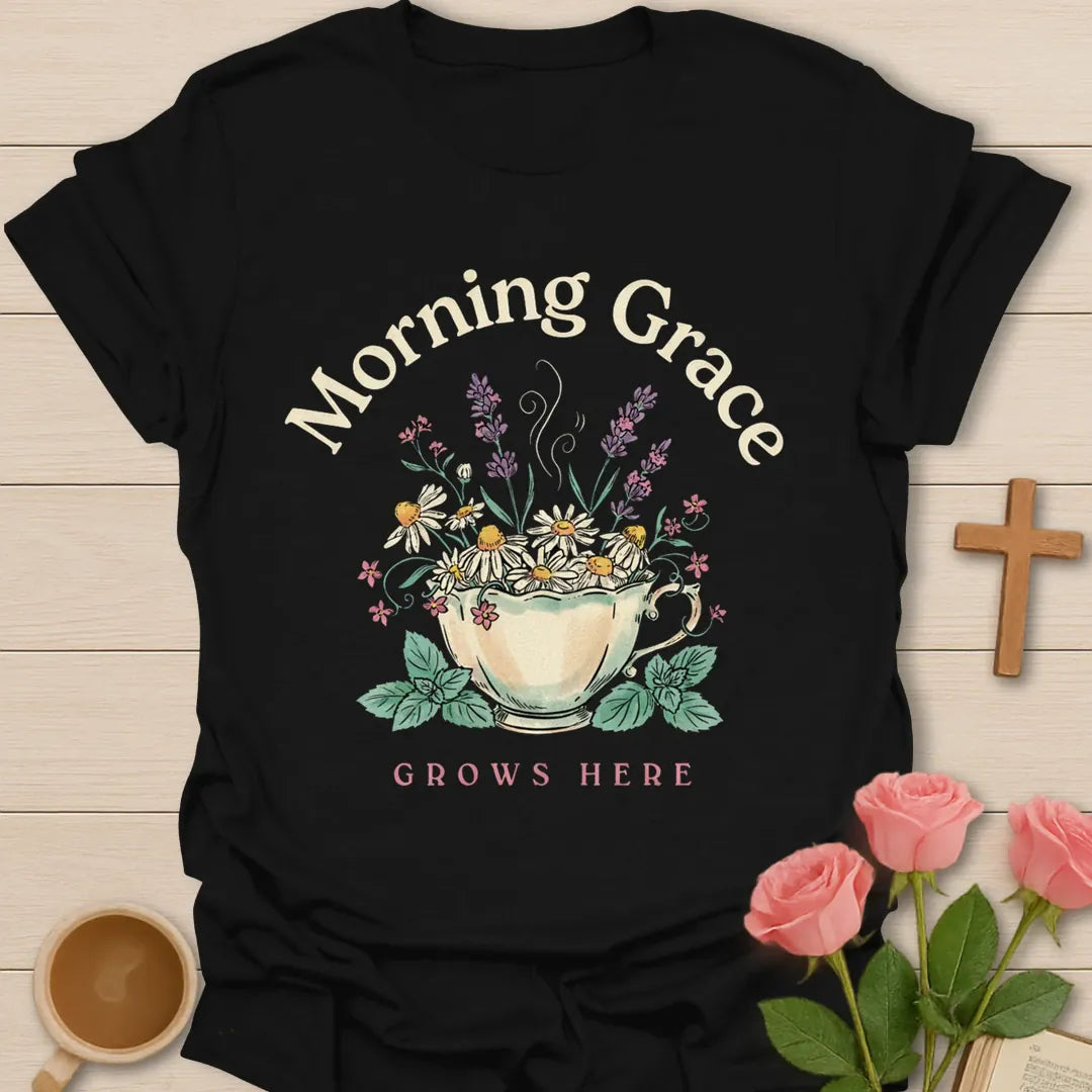 Morning Grace Grows Here shirt with teacup filled with flowers, chamomile, lavender, mint, and soft vintage colors. - Black