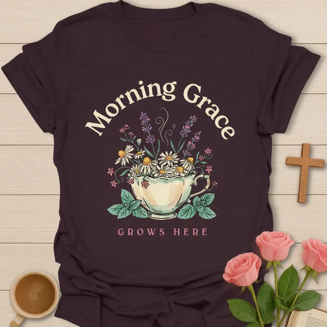 Morning Grace Grows Here shirt with teacup filled with flowers, chamomile, lavender, mint, and soft vintage colors. - Dark Chocolate