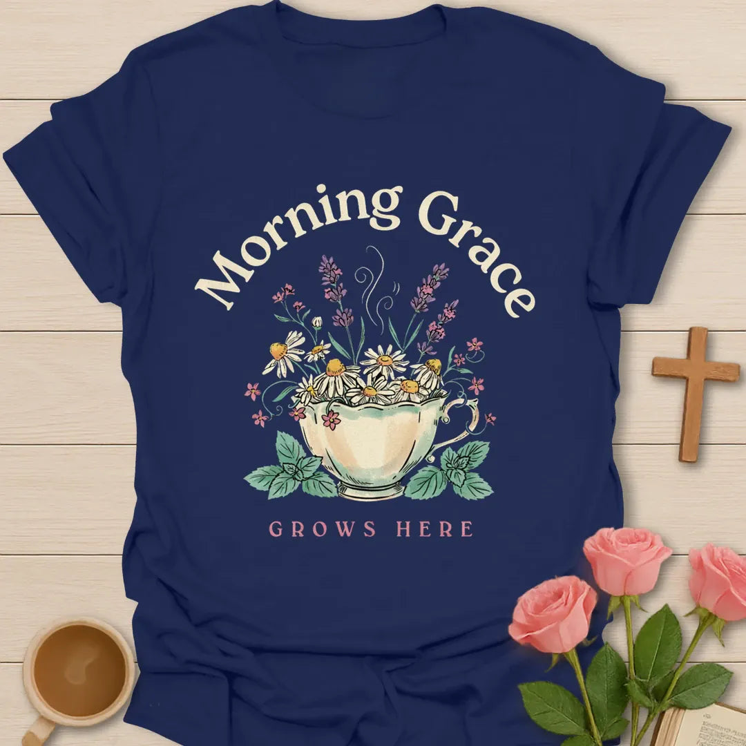 Morning Grace Grows Here shirt with teacup filled with flowers, chamomile, lavender, mint, and soft vintage colors. - Navy