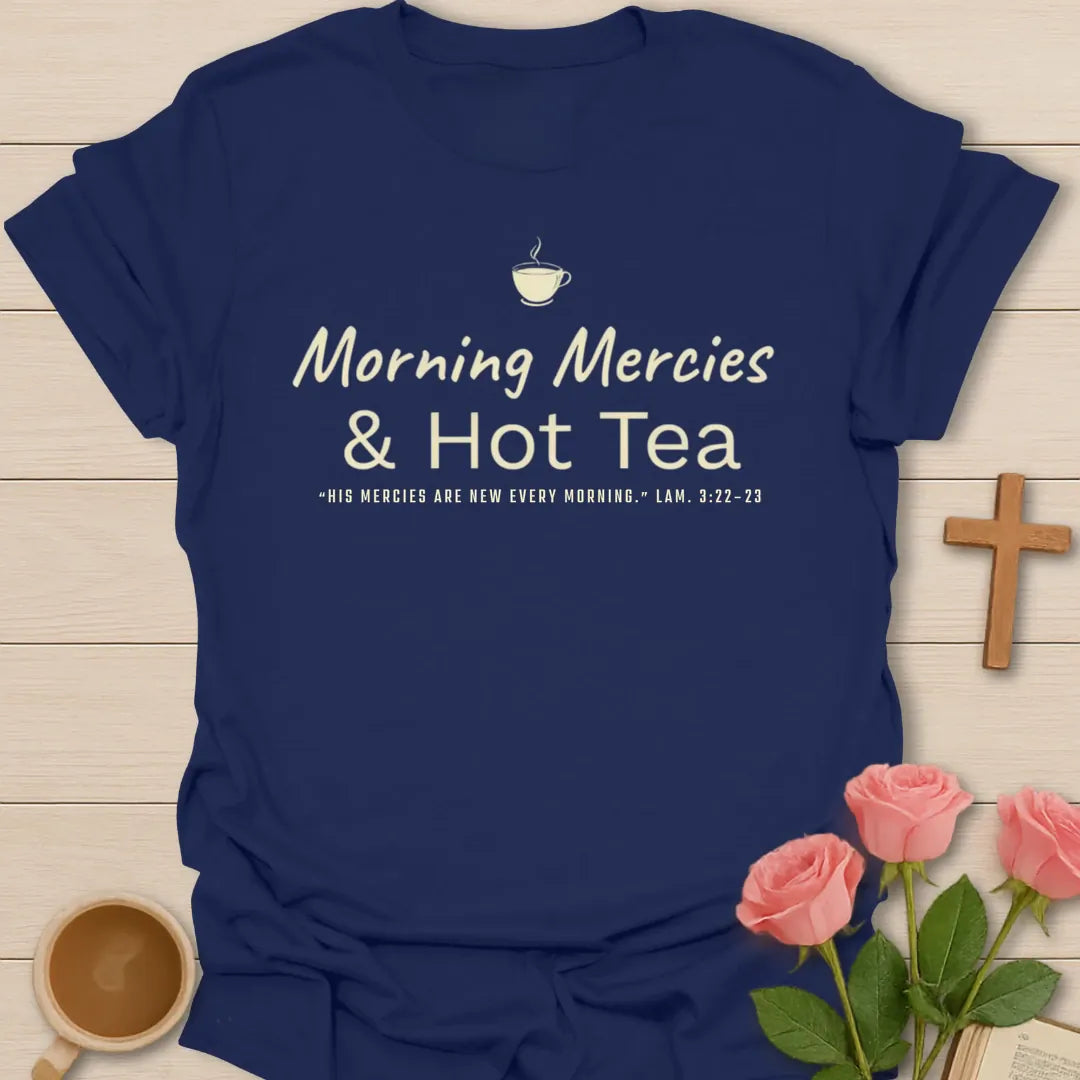 Morning Mercies and Hot Tea minimalist Christian t-shirt with a small steaming teacup and Lamentations 3:22-23 - Navy