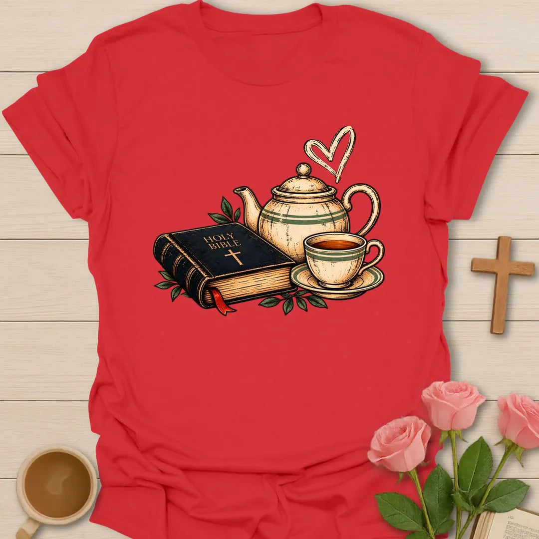 Morning Tea t-shirt with a Holy Bible, a cream teapot, a cup of tea on a saucer and a hand-drawn heart - Red