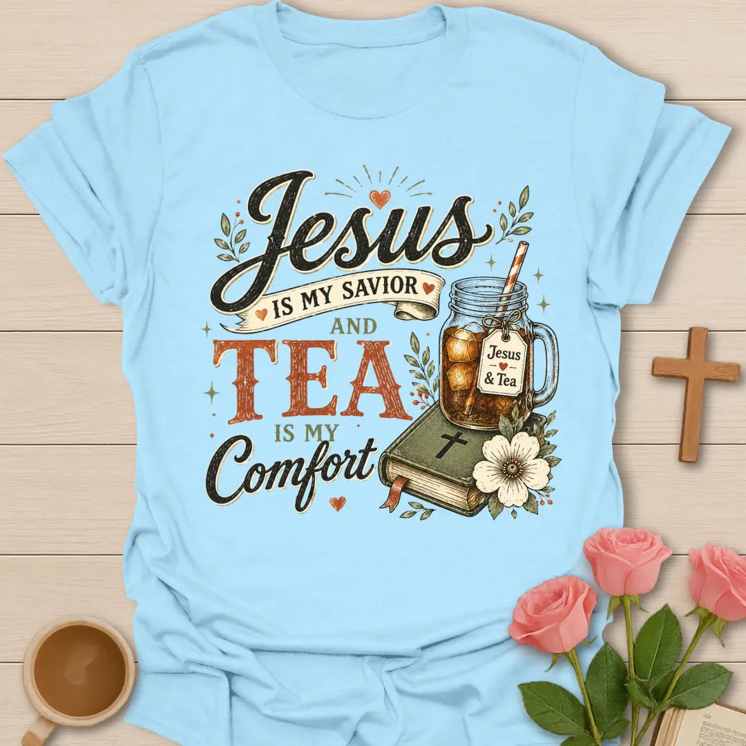 My Comfort Christian tea shirt with Jesus and tea phrase, teacup, cross, flowers, and cozy faith artwork. - Light Blue