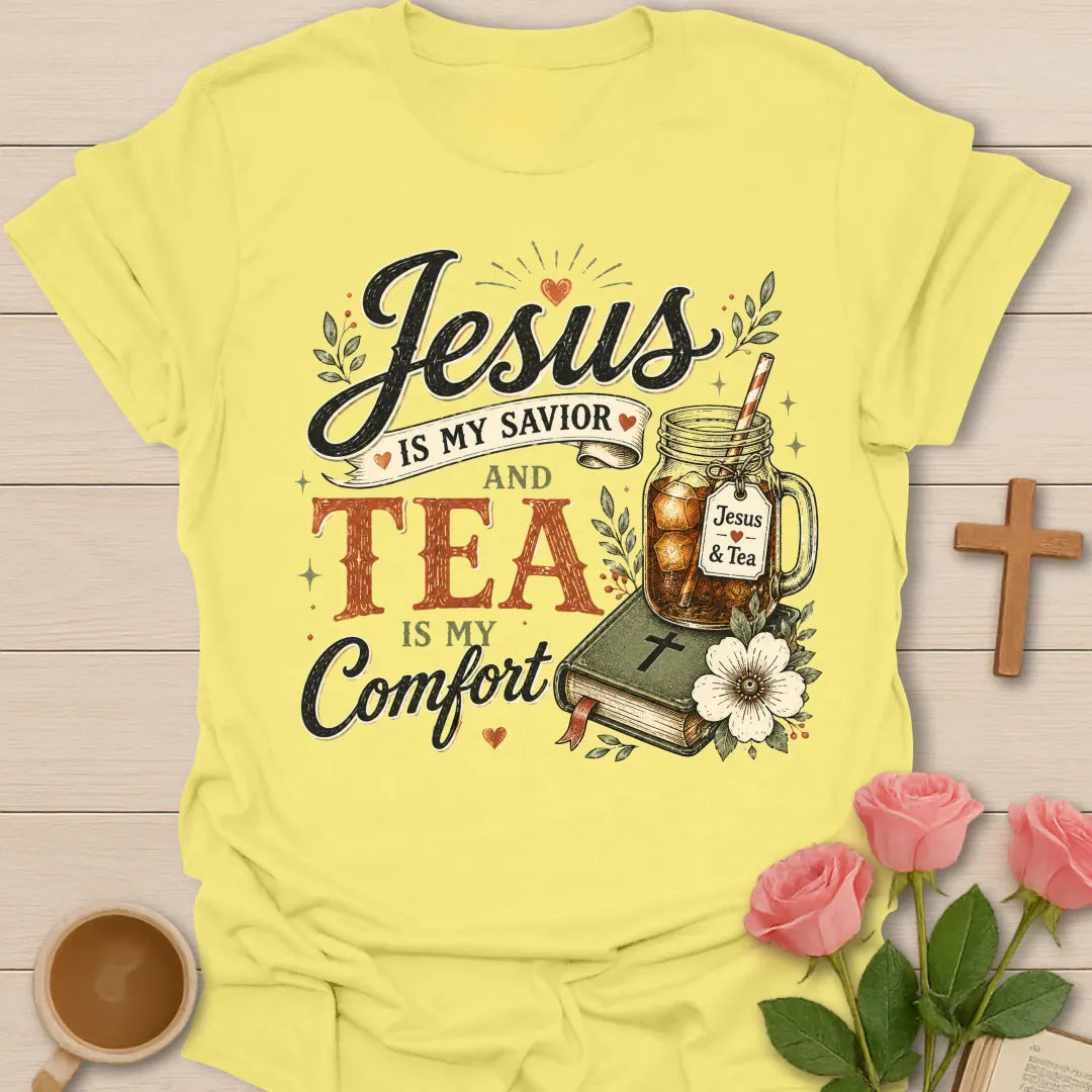 My Comfort Christian tea shirt with Jesus and tea phrase, teacup, cross, flowers, and cozy faith artwork. - Cornsilk