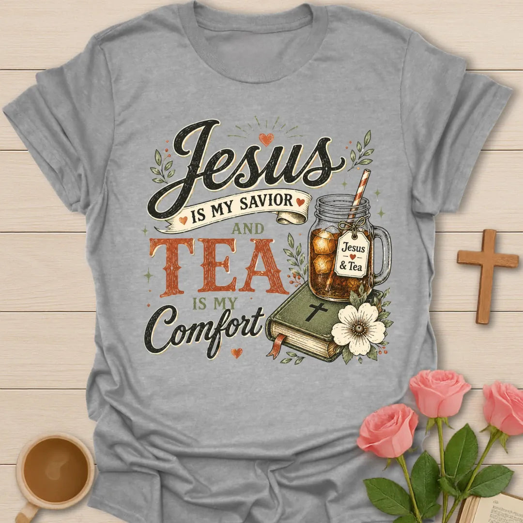 My Comfort Christian tea shirt with Jesus and tea phrase, teacup, cross, flowers, and cozy faith artwork. - Sport Grey