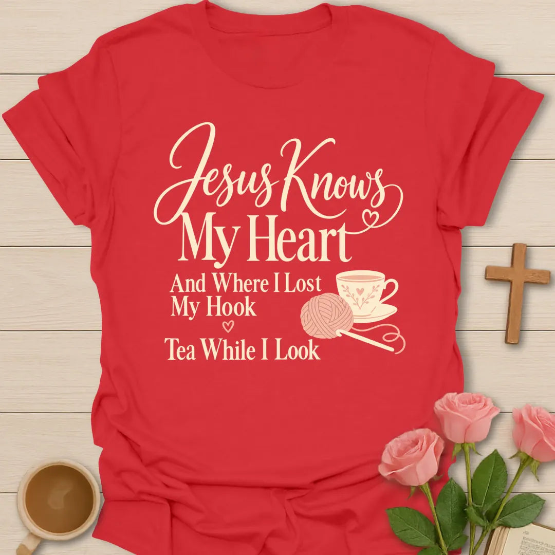My Crochet Hook Christian tea shirt with faith-inspired lettering design - Red