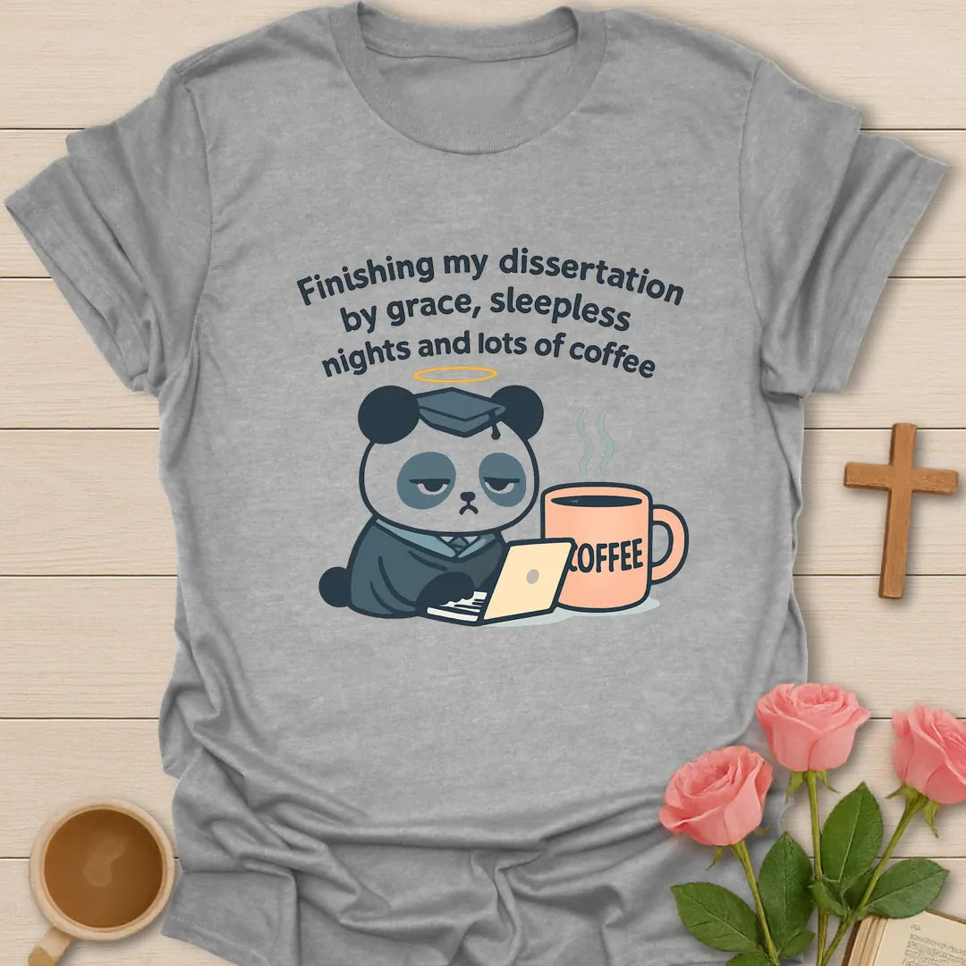Dissertation grace coffee shirt with sleepy panda in graduation cap, laptop, oversized coffee mug, halo, and curved text. - Sport Grey