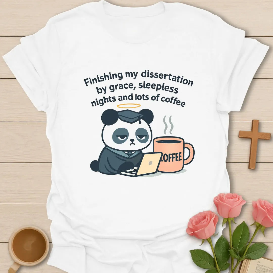 Dissertation grace coffee shirt with sleepy panda in graduation cap, laptop, oversized coffee mug, halo, and curved text. - White