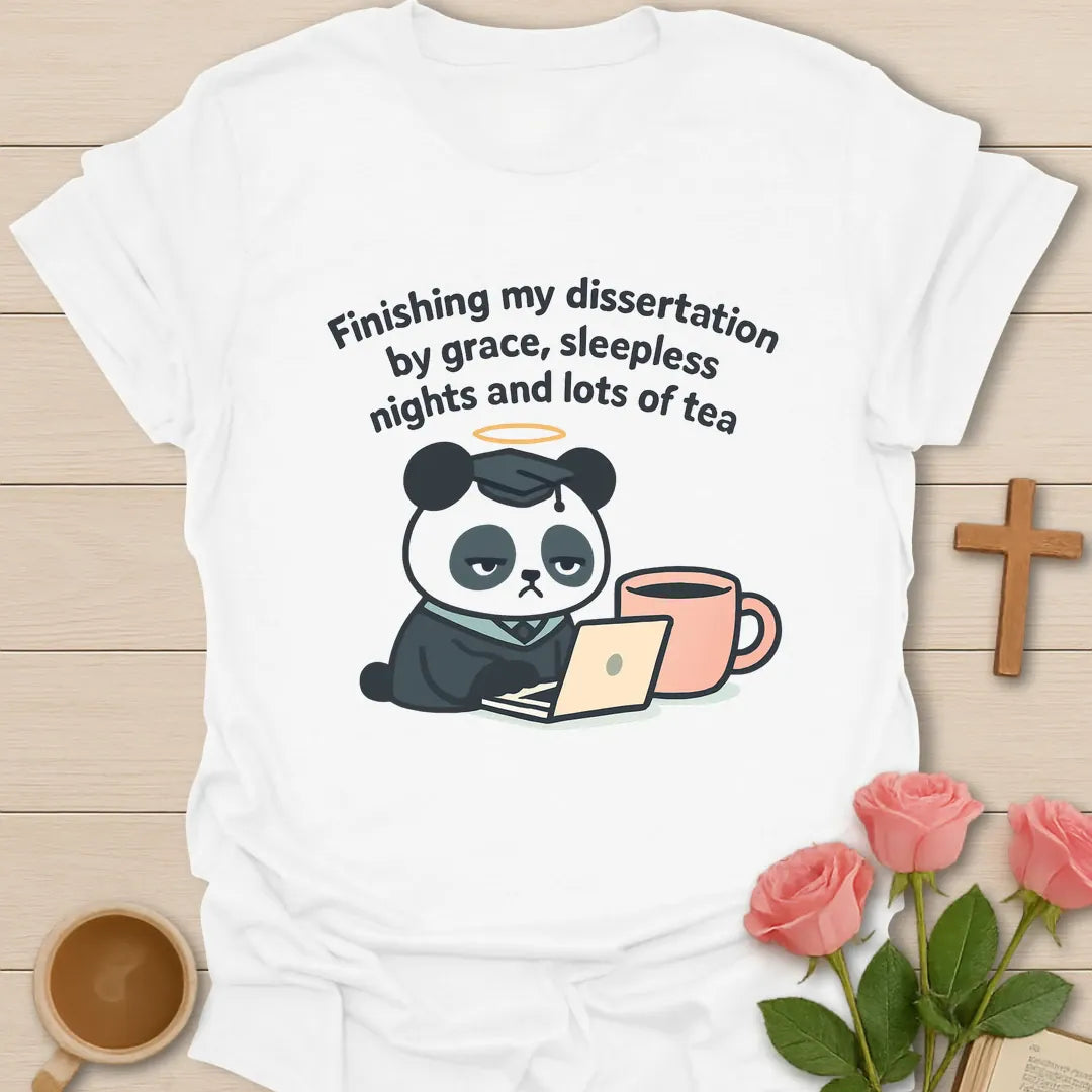 Dissertation grace tea shirt with tired panda wearing graduation cap, laptop, peach tea mug, halo, and curved lettering. - White