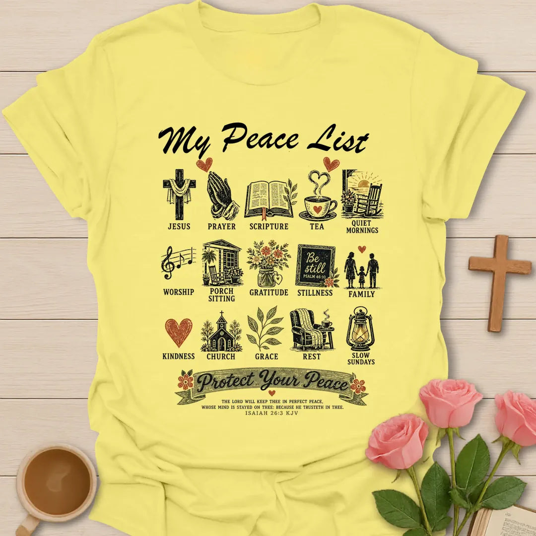 My Peace List shirt with an illustrated list of peaceful everyday things - Cornsilk