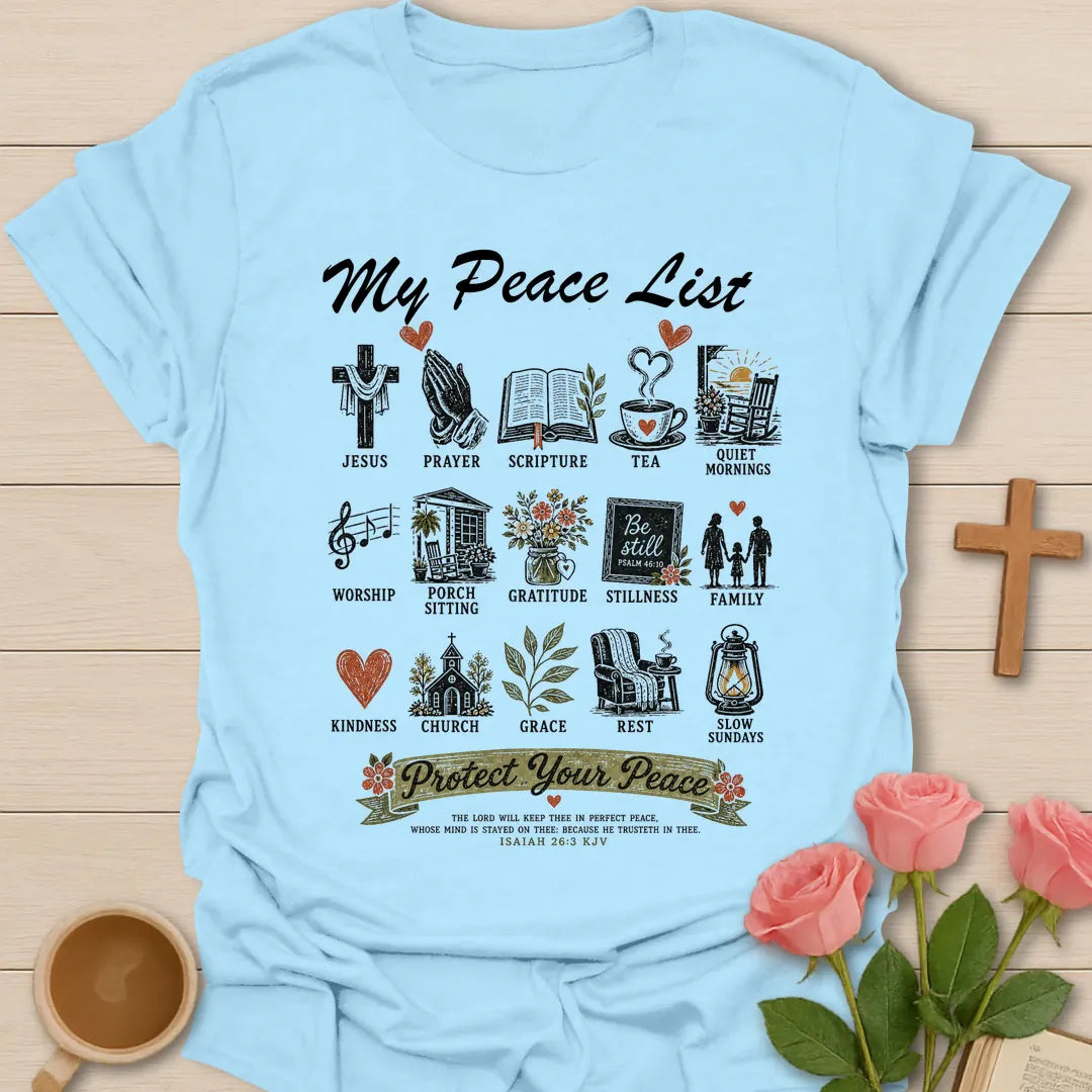 My Peace List shirt with an illustrated list of peaceful everyday things - Light Blue