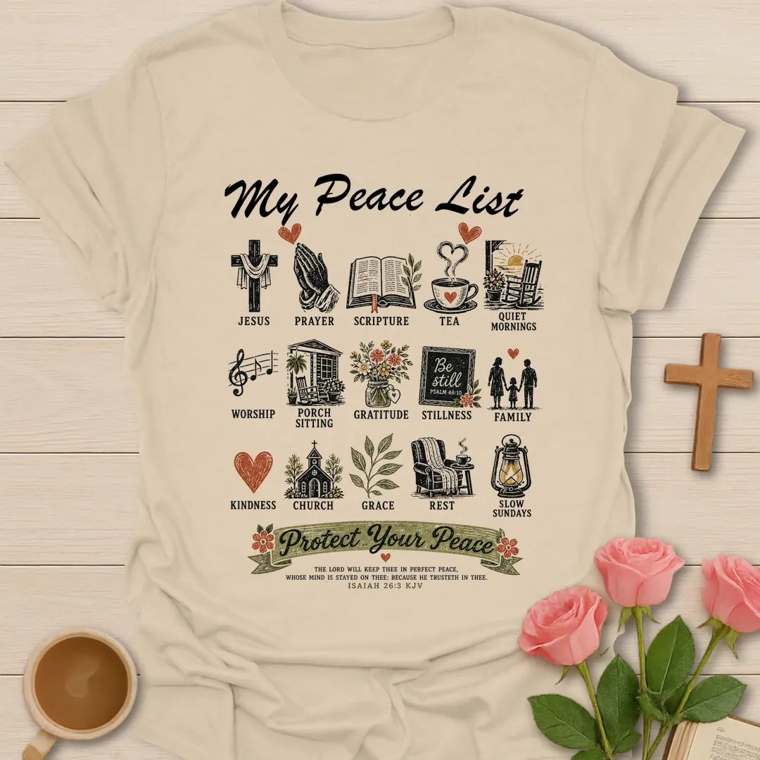My Peace List shirt with an illustrated list of peaceful everyday things - Sand
