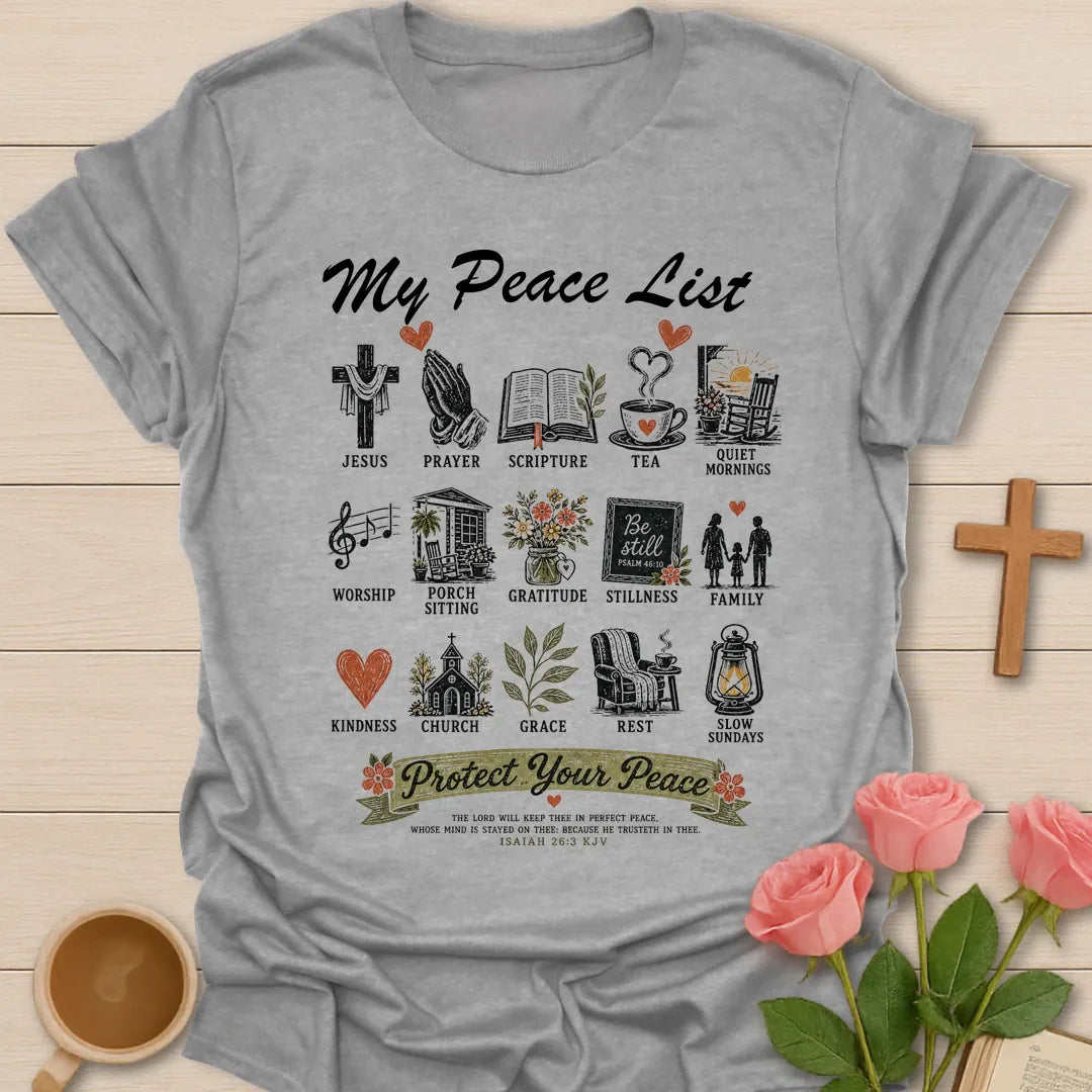 My Peace List shirt with an illustrated list of peaceful everyday things - Sport Grey