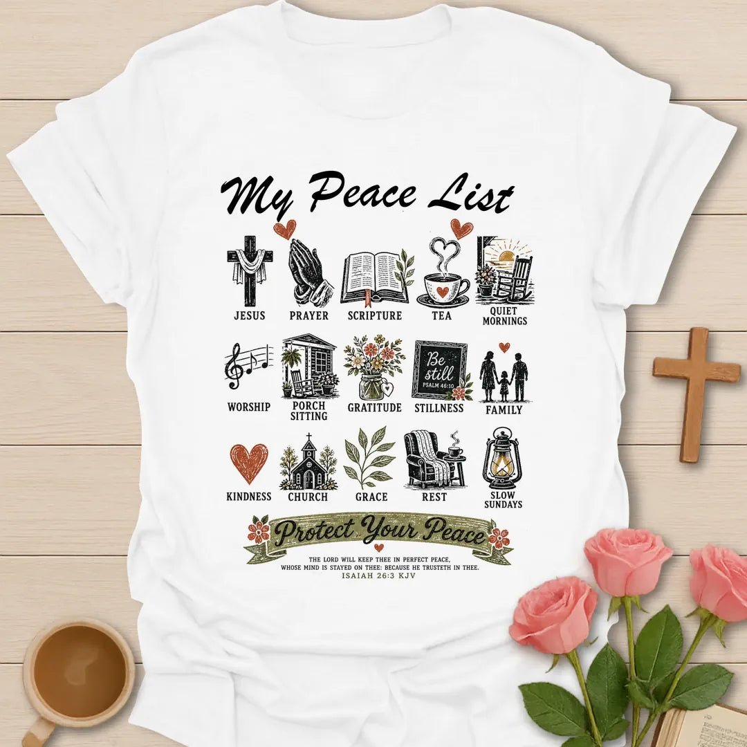 My Peace List shirt with an illustrated list of peaceful everyday things - White