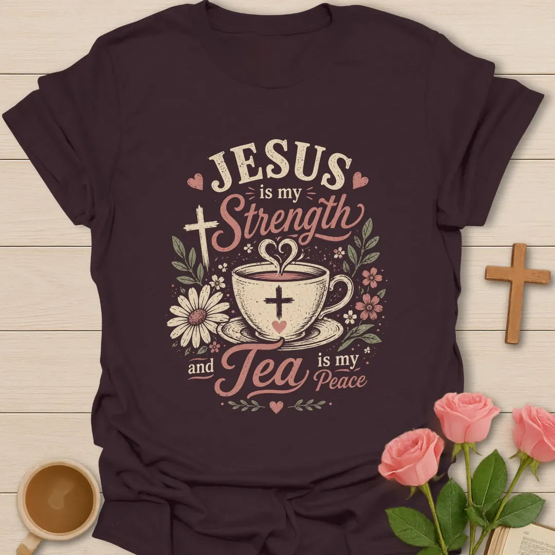 Jesus is my strength and tea is my peace shirt with teacup, cross, flowers, hearts, and soft pink lettering. - Dark Chocolate