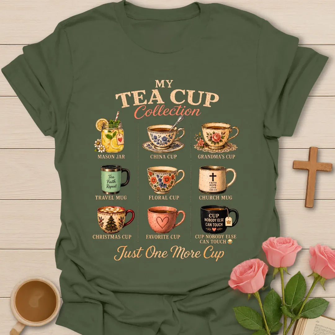 My Tea Cup Collection shirt with vintage illustrated teacups — mason jar, china cup, travel mug and church mug - Military Green