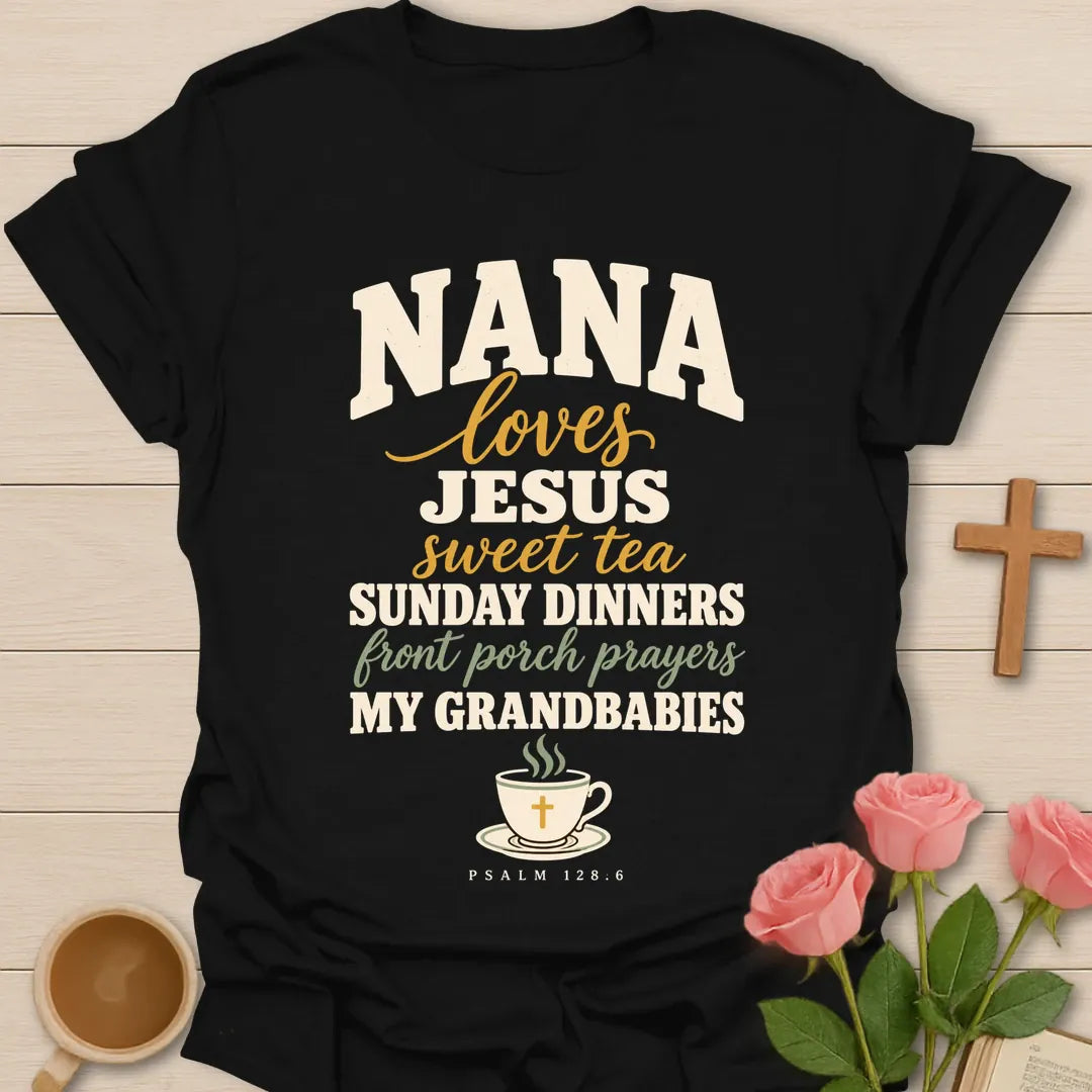 Nana Loves Christian t-shirt with faith-inspired lettering and design - Black