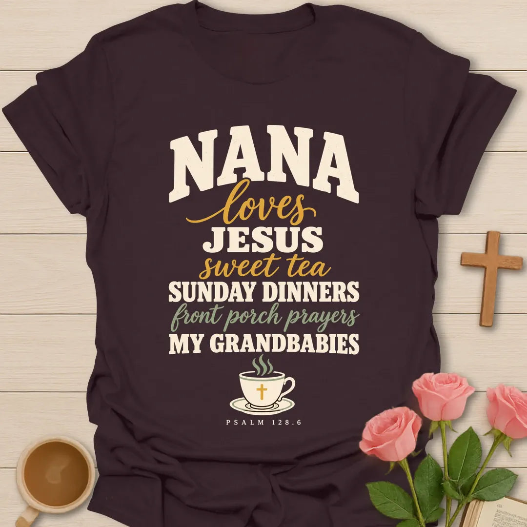 Nana Loves Christian t-shirt with faith-inspired lettering and design - Dark Chocolate