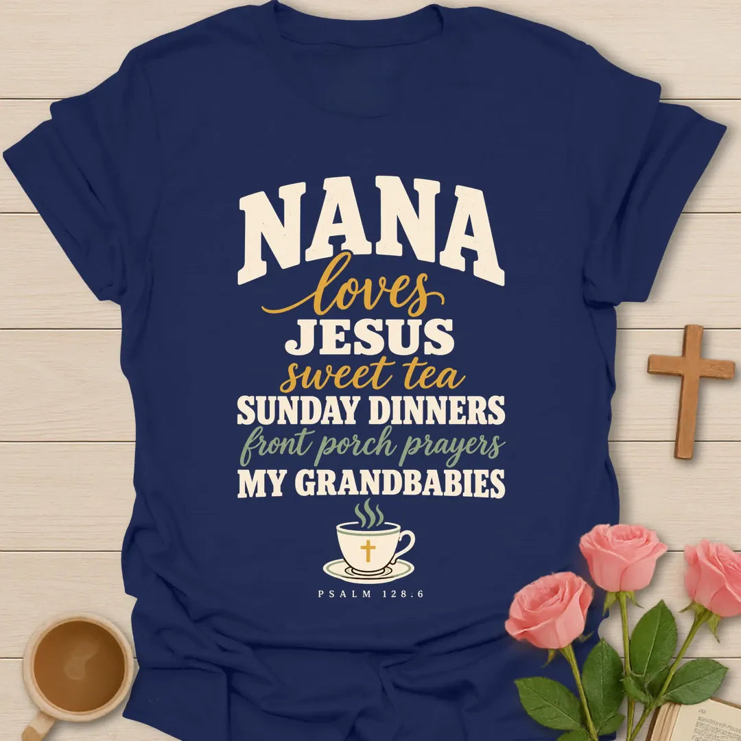 Nana Loves Christian t-shirt with faith-inspired lettering and design - Navy