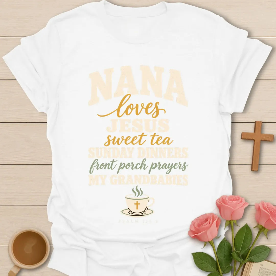 Nana Loves Christian t-shirt with faith-inspired lettering and design - White