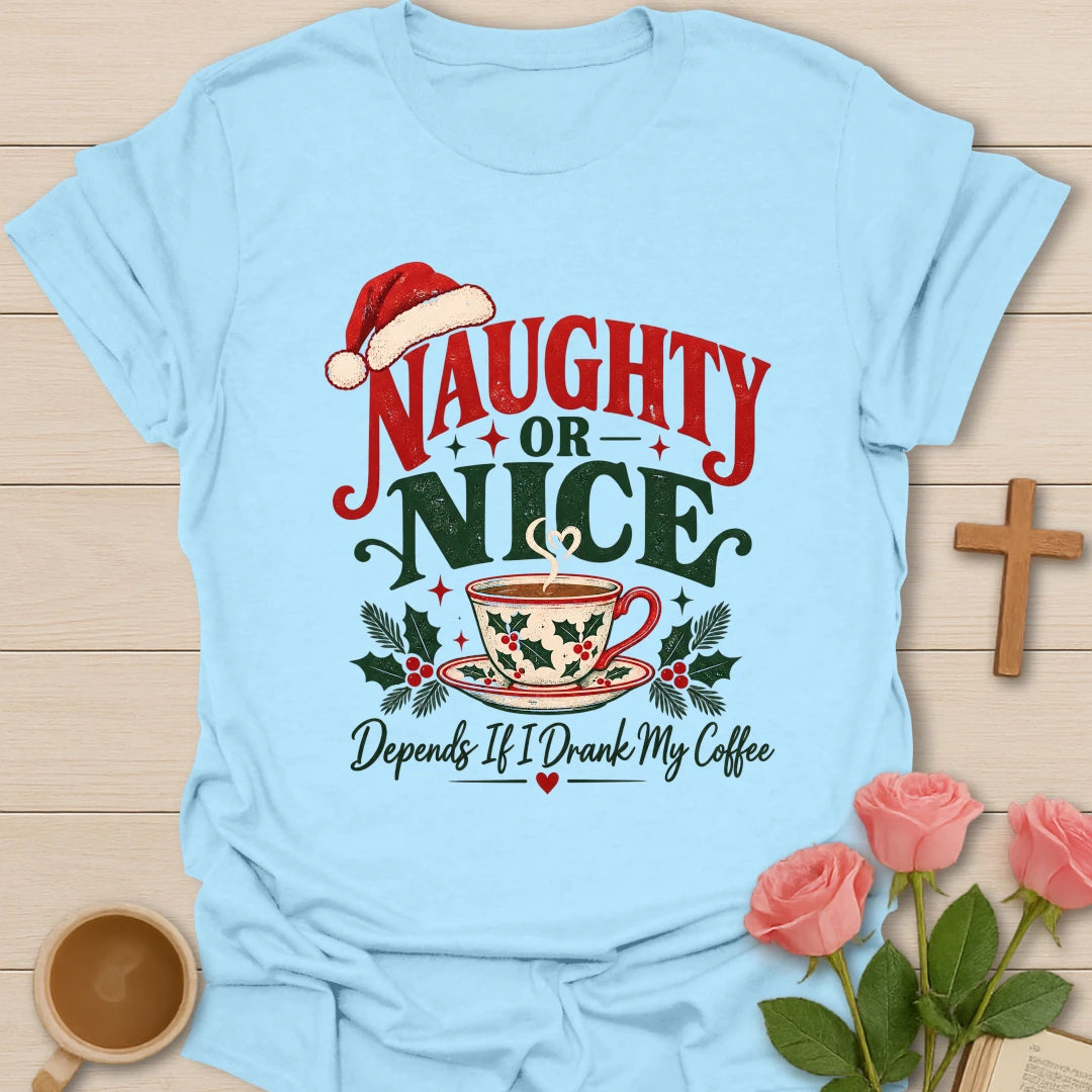 Naughty Or Nice Coffee t-shirt with playful Christmas lettering and coffee cup design - Light Blue