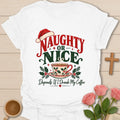 Naughty Or Nice Coffee t-shirt with playful Christmas lettering and coffee cup design - White