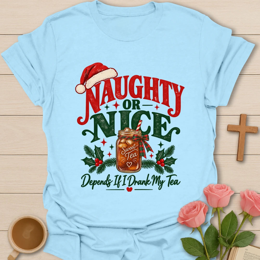 Naughty Or Nice Sweet Tea t-shirt with playful Christmas lettering and sweet tea design - Light Blue
