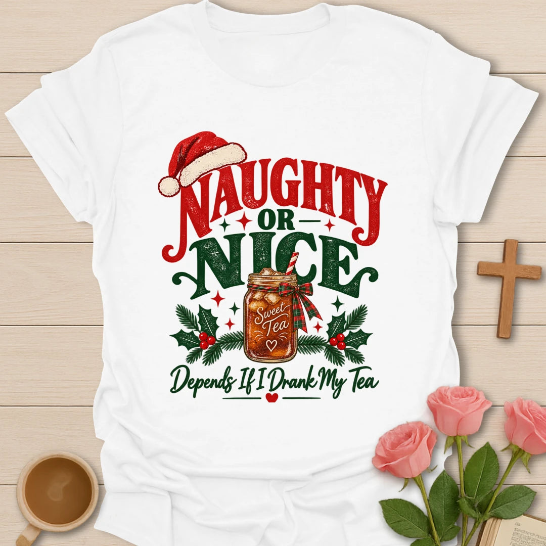 Naughty Or Nice Sweet Tea t-shirt with playful Christmas lettering and sweet tea design - White