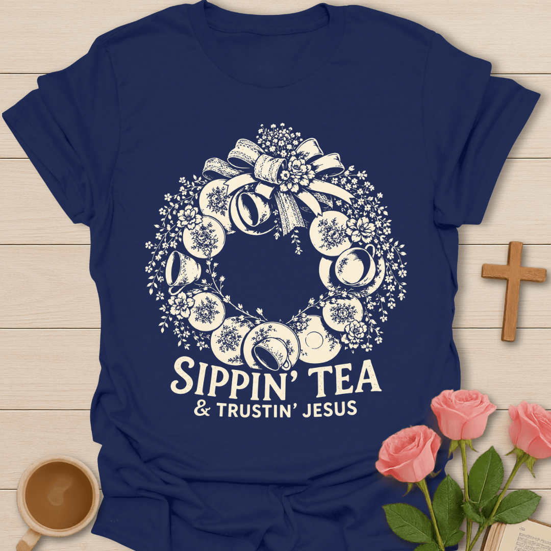 Tea Wreath Faith T-Shirt KozzyCo Christian and tea lover design