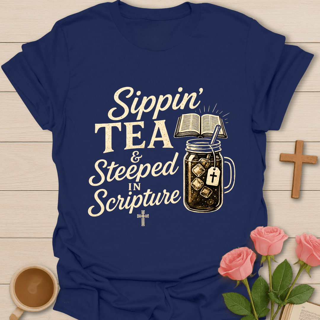 Steeped In Scripture Tea T-Shirt KozzyCo Christian and tea lover design