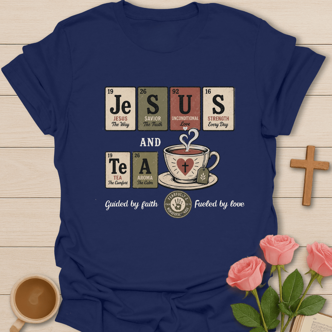 Jesus & Tea Periodic Table T-Shirt KozzyCo Christian and tea lover design