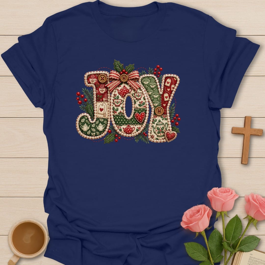 Joy Stitched t-shirt with playful joy lettering and faith-inspired design - Navy