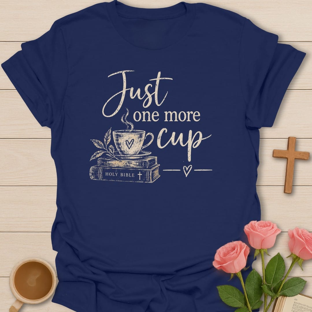Holy Coffee t-shirt with coffee cup lettering and faith-inspired design - Navy
