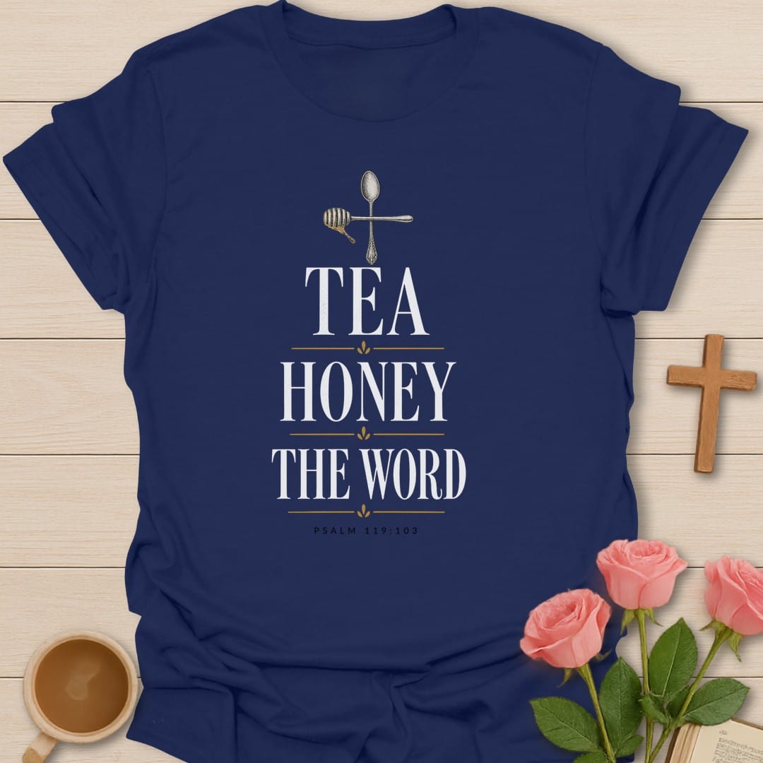 Sweet Honey Word t-shirt with honey and Scripture lettering and faith-inspired design - Navy