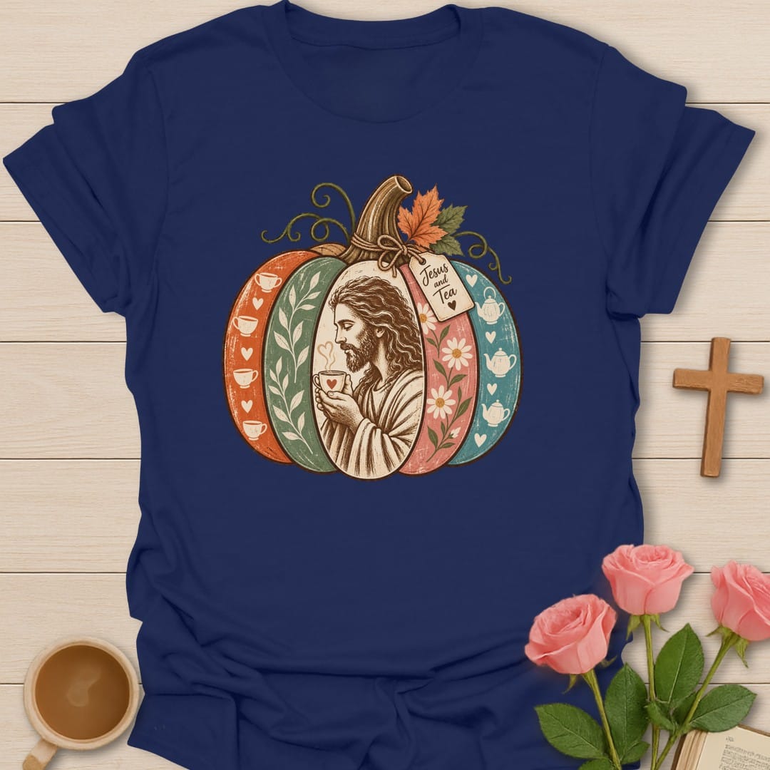 Jesus Tea Pumpkin t-shirt with cozy fall pumpkin and tea artwork and faith-inspired design - Navy