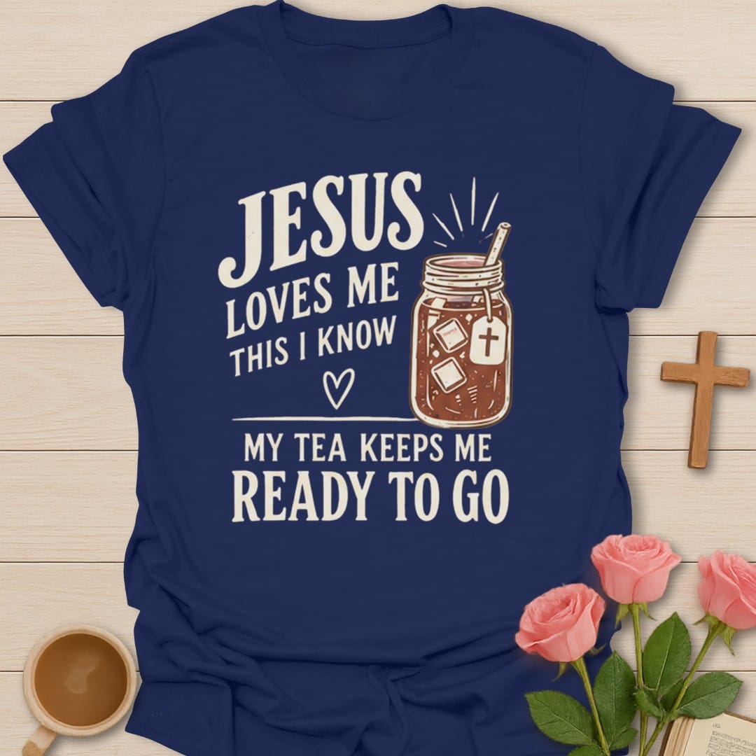 Jesus Loves Me t-shirt with gentle lettering and faith-inspired design - Navy