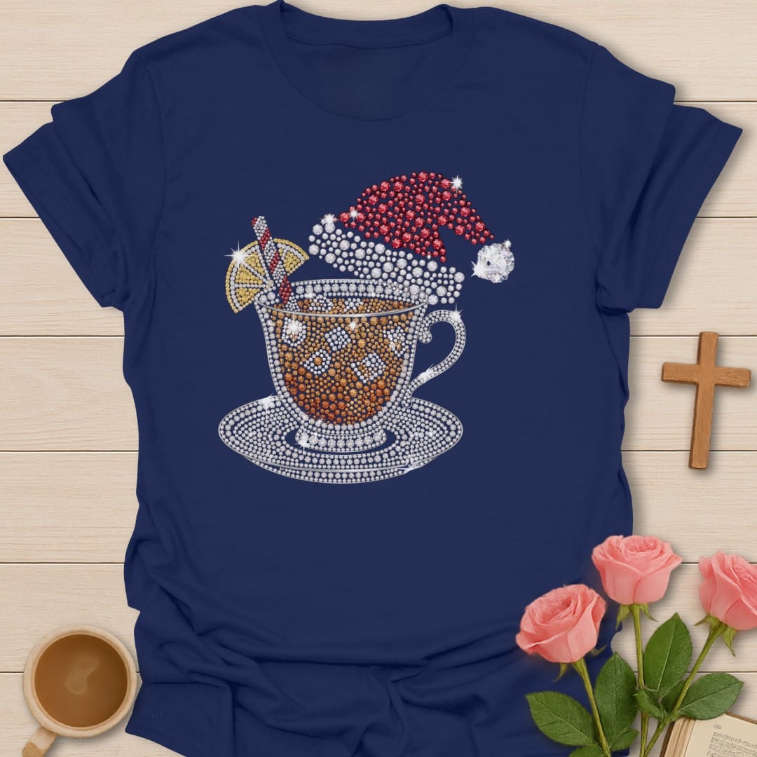 Tea Cup Santa t-shirt with festive tea cup and Santa artwork and faith-inspired design - Navy